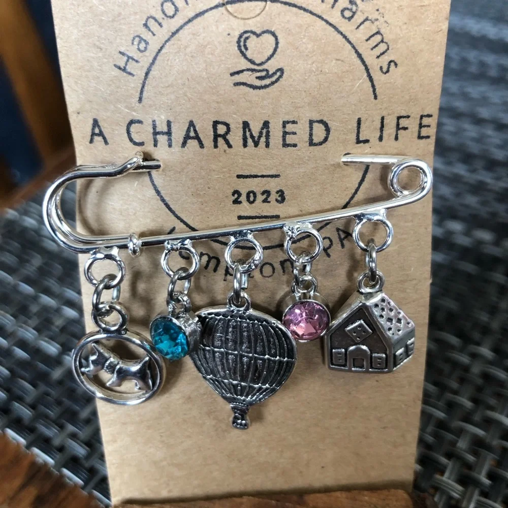 Toto, Balloon & Dorothy’s House =? Silver 2” Pin with Silver Charms